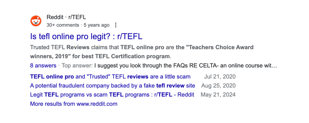 TEFL Online Pro Reddit Google Search Results
