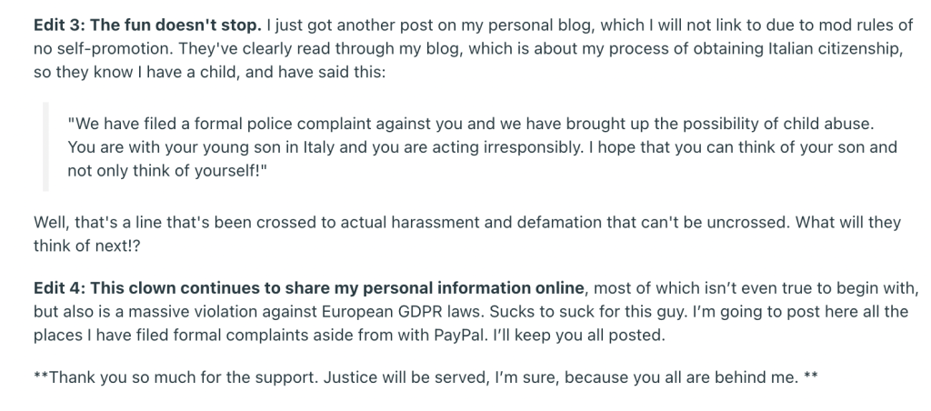 Megan Broccoli false claims on rTEFL Reddit about harassment and defamation. She mentions GDPR laws and PayPal.
