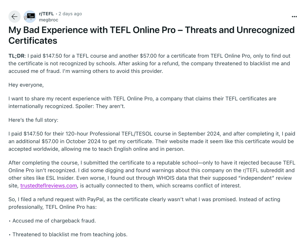Megan Broccoli took a TEFL Online Pro 120-hour TEFL/TESOL course and committed chargeback fraud and went on an online defamation attack. We discovered that Megan is working for a competing TEFL/TESOL certification course program.