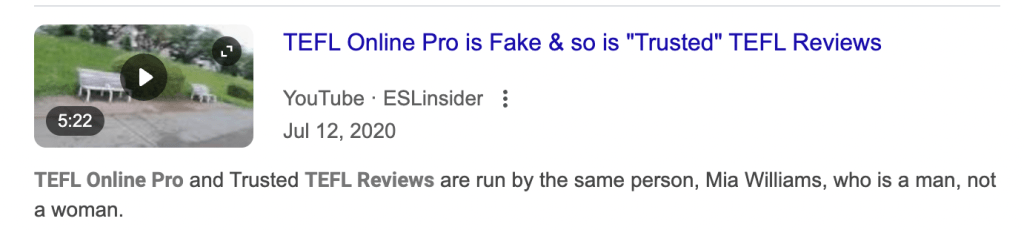 Misinformation YouTube video about TEFL Online Pro by Ian Leahy from ESLinsider.