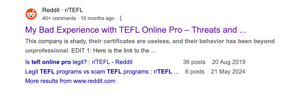 Misinformation Reddit post about TEFL Online Pro by Megan Broccoli, who works for The TEFL Academy.