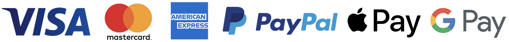 We accept Visa, Mastercard, American Express, PayPal, Apple Pay, and Google Pay.