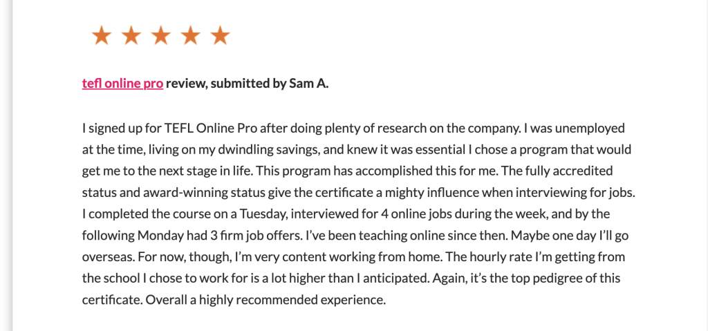 Verified TEFL reviews Trusted TEFL Reviews screenshot for TEFL Online Pro