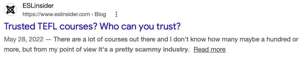 ESLinsider publicly disparages its TEFL competition online, including TEFL Online Pro