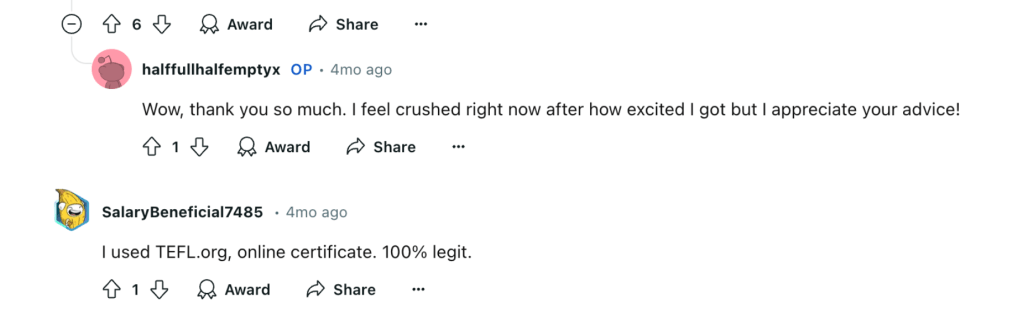 This screenshot shows a business competitor shilling their own course on the r/TEFL subreddit